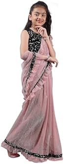 NILKANTHVARNI CREATION Kids Girls Lycra Blend Saree With Unstitched Sequence Blouse Piece (3-4 yrs to 11-12 yrs) (Baby Pink, 6-7 Years - M)