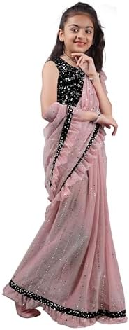 Kids Girls Lycra Blend Saree With Unstitched Sequence Blouse Piece (3-4 yrs to 11-12 yrs) (Baby Pink, 7-8 Years - L)
