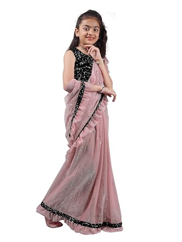 NILKANTHVARNI CREATION Kids Girls Lycra Blend Saree With Unstitched Sequence Blouse Piece (3-4 yrs to 11-12 yrs) (Baby Pink, 6-7 Years - M)