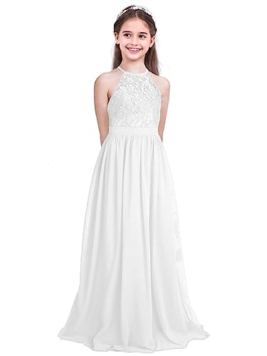 Kids Big Girls Chiffon Halter Neck Lace Wedding Junior Bridesmaid Flower Girl Dress Long Maxi Party Ball Gown