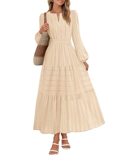 MEROKEETY Fall Dresses for Women 2025 Winter Long Sleeve Casual V Neck Tiered Cotton Midi Maxi Dress Pockets, Beige, Small