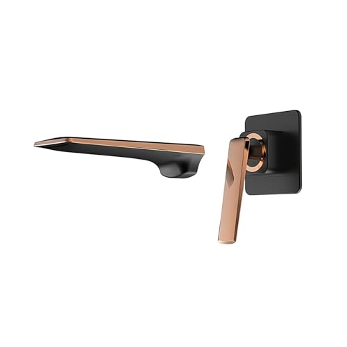 RGWYGCG Grifo de lavabo de una sola manija con boquilla de cascada, grifo de lavabo de latón para lavabo, relleno de bañera de montaje en pared dividida, color negro y oro rosa