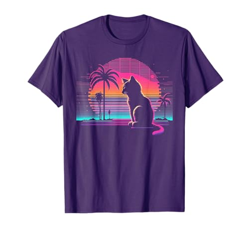 Cat Vaporwave Retrowave Aesthetic Synthwave 80s Palm Tree T-Shirt