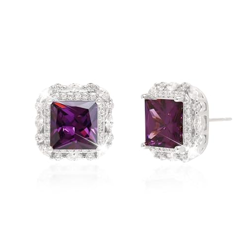 Sonateomber Silver Square Cubic Zirconia Moissanite Stud Earrings for Women, Sparkly Dark Purple Amethyst Rhinestone February Birthstone Earings Birthday Prom Wedding Accessories Fashion Jewelry Gift