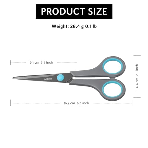 Asdirne Schere mit Teflon-Beschichtung, Edelstahlklingen, weicher Griff, geeignet für Haushalte, Büros und Schulen, Allzweck, Blau/Grau, 16,2 cm