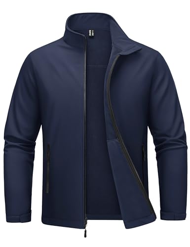 MAGCOMSEN Waterproof Jackets for Men Zip Up Softshell Jacket Fleece Lined Rain Tactical Jacket Light Windproof Warm Coats Navy L