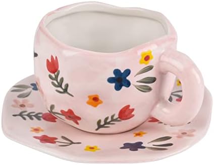 Koythin Ceramic Coffee Mug, Cute Pink Cup for Women with Saucer for Office and Home, Dishwasher and Microwave Safe, 10 oz/300 ml for Latte Tea Milk (Floral)