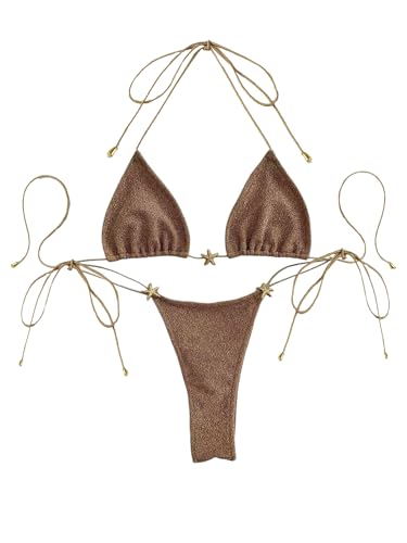 SOLY HUX Women's Halter Triangle Bikini Set Tie Side String Swimsuit Beach Vacation Two Piece Bathing Suit Pure Khaki Small