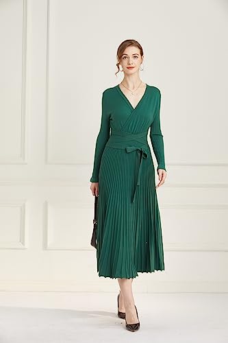 Image of Women's Long Knit Crewneck Sweater Dress Tie Waist A-Line Swing Pleated Bodycon