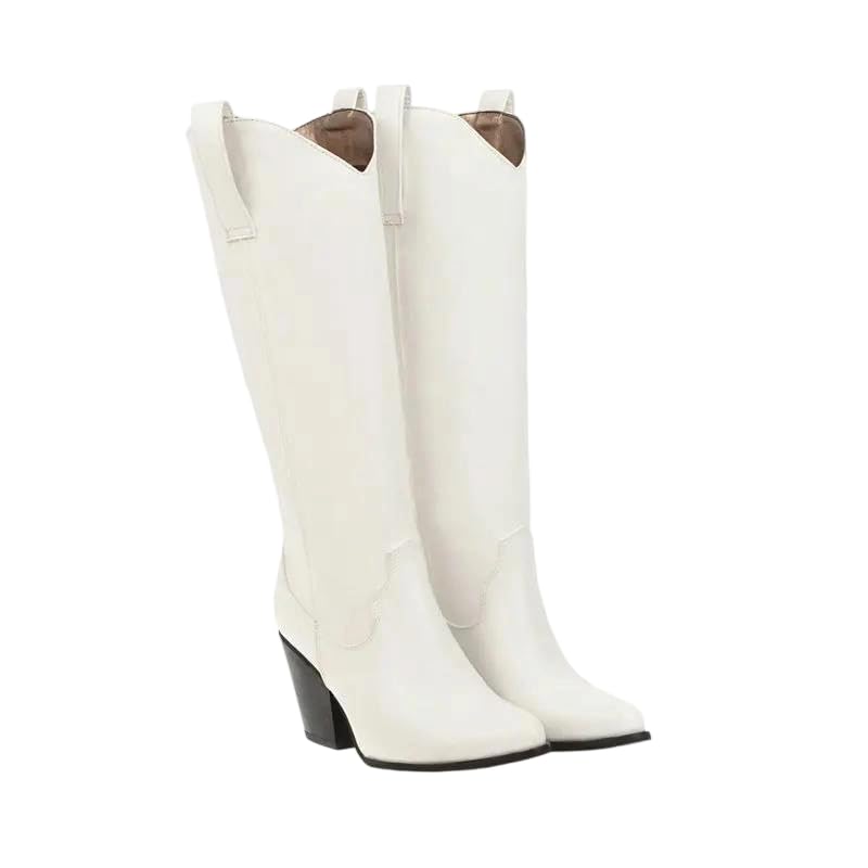 Womens Solid Pu Leather Square High Heel Slip On Knee High Western Cowboy Riding Boots