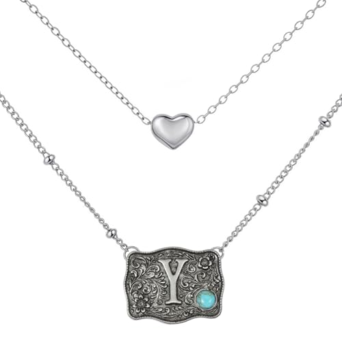 Image of Belt Buckle Bracelet Initial Letter A-Z Bracelets Western Cow Tag Bracelet Belt Buckle Necklace Western Style Initial Letter Pendant Necklace