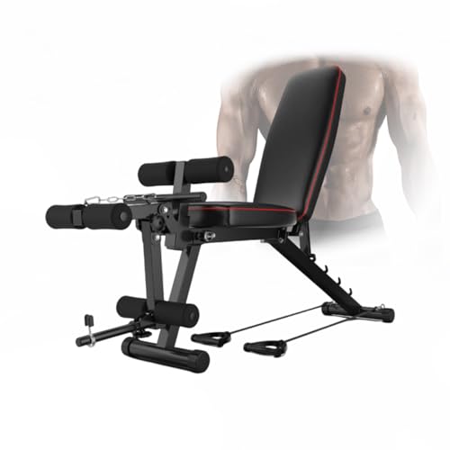ypuxil Banco de Gimnasio Máquina Multifuncional Gym con Respaldo ergonómico de 5 Posiciones (95°-190°) - Capacidad de 400 LB, Rodillos para piernas y Bandas de resistenciaBlack,162cm