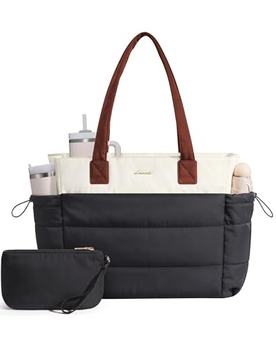 LOVEVOOK Tote Bag for Women with Giant Tumbler Holder Pocket, Puffer Work Travel Laptop Handbag with Zipper for Nurse Teacher