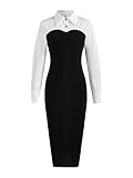 winkbay Women's Elegant Collared Long Sleeve Dress Color Block Bodycon Midi Business Casual Dresses Black and White Medium