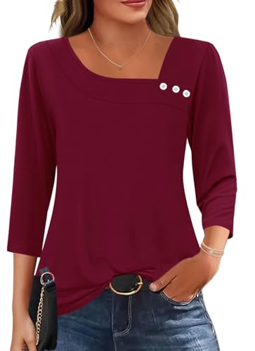 Image of LOMON Womens 3 /4 Length Sleeve T Shirts Asymmetrical Neck Tops Business Blouses for Women Fashion 2026