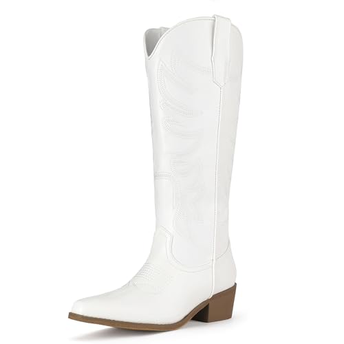 IDIFU IN2 Cowboy Boots for Women Knee High Cowgirl Western Boot Wide Calf Pointed Toe Embroidered Chunky Low Heel Country Boot with Side Zipper Comfortable Classic Retro Dress Boots