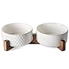 LE TAUCI Ceramic Dog Bowls with Acacia Wood Stand – 7 Inch Food & Water Set for Medium-Large Dogs – Weighted Pet Bowls