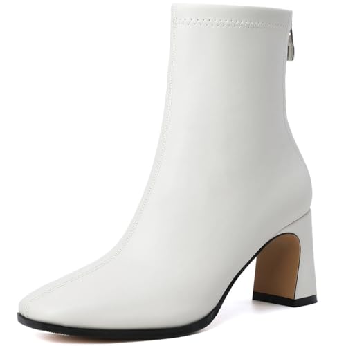 GOUPSKY White Ankle Boots for Women Square Toe Chunky Heel Boots Mid Calf Low Heeled Short Booties With Zipper Fall Winter Dress Shoes