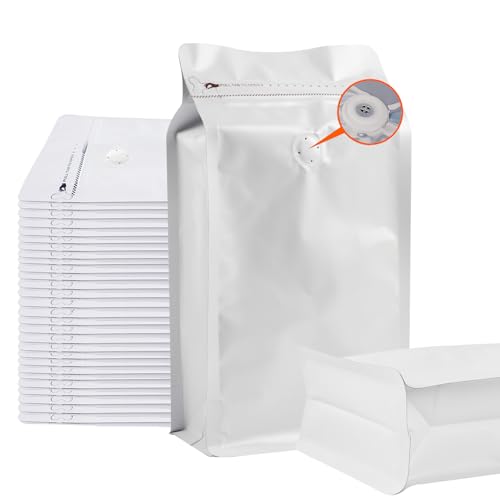 50 bolsas de café mejoradas con válvula (8 onzas/0.45 libras), bolsas de almacenamiento de granos de café de fondo plano de aluminio de alta barrera negra, bolsa resellable con cierre térmico para el
