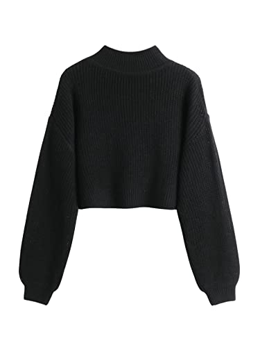 SweatyRocks Women's Long Sleeve Mock Neck Cropped Sweater Drop Shoulder Pullover Sweater Lantern Sleeve Ribbed Knit Crop Top2