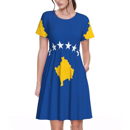 Robe d'été motif drapeau Kosovo mi-longue manches courtes femme EdWal