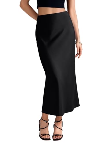 KIFOVEN Women's Satin Elastic Flare High Waist Bodycon Zipper Basic Long Skirt3