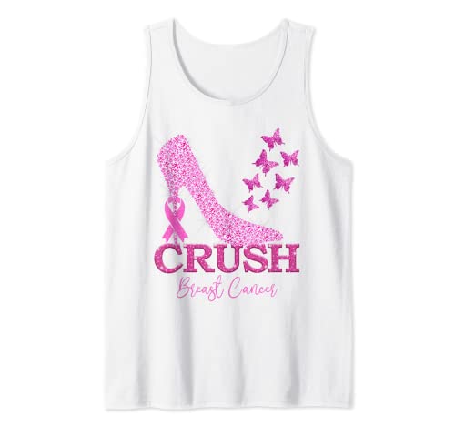 Crush Breast Cancer conscientização rosa saltos altos fita rosa t-shirt sem mangas, Branco