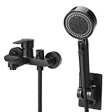 QWORK® Mitigeur Baignoire Noir Mat avec Douchette 3 Modes – Robinet de Douche Mural en Laiton avec Flexible 1,5m & Support – Mélangeur Monocommande pour Salle de Bain et Rénovation Moderne