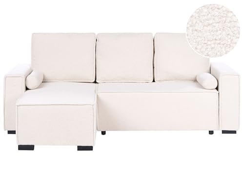 Beliani Sofá Cama Moderno 3 plazas con Chaise Longue Derecho reposabrazos Espacio de almacenaje Reversible Blanco Crema Edane