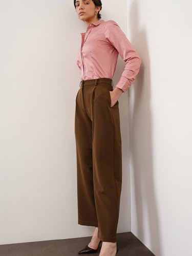 Image of FableStreet Women's Formal Trousers | High-Rise Pleated Wide-Leg Design | Solid Pattern with Plain Weave | Comfortable Office Wear for Business Meetings & Formal Events
