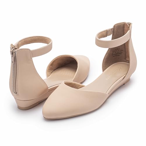 Women Flat Shoes with Ankle Strap, Low Wedge Heel Flats for Women, Comfortable Pointed Toe Dress Shoes for Work Business Wedding