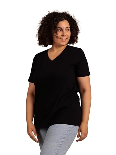 Frauen T-Shirt Große Größen 100% Baumwolle – Tshirt Damen Basic Kurzarm mit V-Ausschnitt – Schwarz Oberteile Damen Bequem für Alltag, Freizeit & Zuhause – Größe 4XL