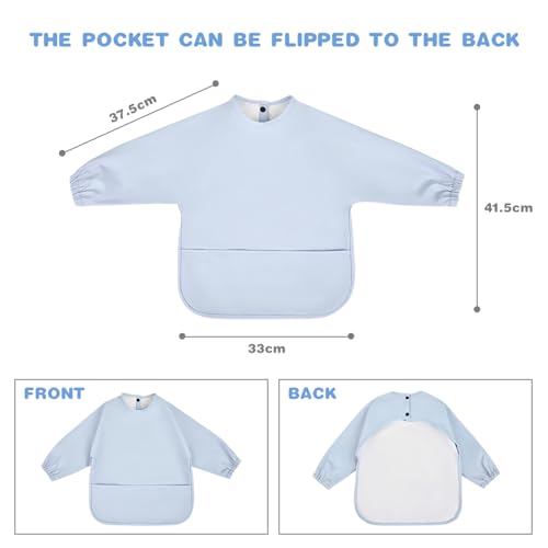 Vicloon Baby Weaning Bibs, PU Feeding Bibs with Long Sleeves and Large Pockets, Waterproof Toddler Bibs Easy to Clean - Image 2