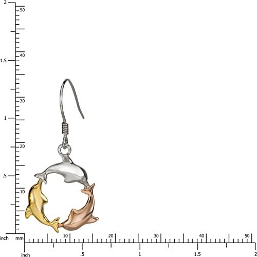 14K Gold Plated Tri-Color Three Dolphin Circle of Life Dangle Earrings2