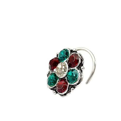 American Dimond Beautiful Classic Flower Designs Silver Oxidized Finishing Without Piercing Nose Pins for Women & Girls-image-38