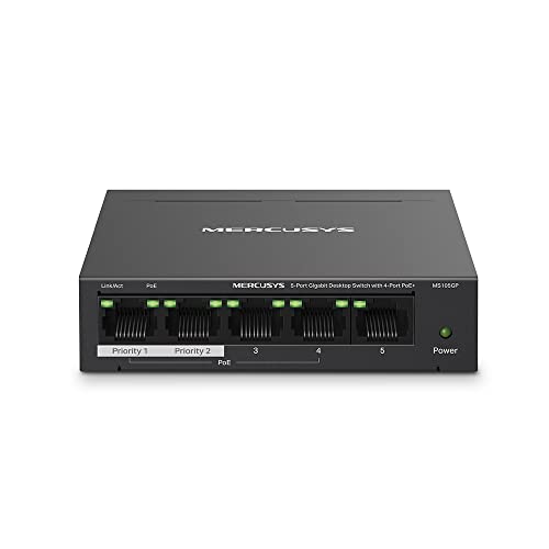 TP-Link Mercusys MS105GP PoE+ Switch 5 Porte Gigabit con 4 PoE+, 30W per Porta PoE, 65W su Tutte le Porte, 802.3af/at, Cassa in Metallo, Durevole e si
