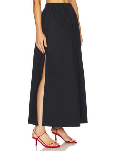 ebossy Women's Casual Long Cotton Skirt High Elastic Waist Side Slit A-line Maxi Skirts with Pockets3