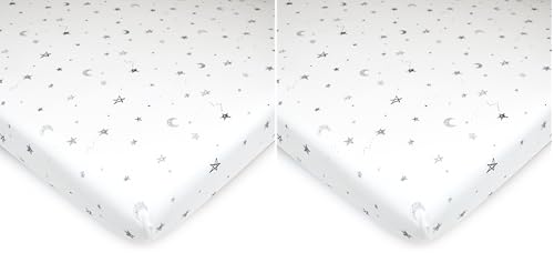 Image of American Baby Company 100% Natural Cotton Fitted Mini Crib Sheet 38 inch x 24 inch - Soft & Breathable Small Nesting Portable Crib Sheet, Fits Pack N Play Mattresses, Gray Stars and Moons, for Boys & Girls