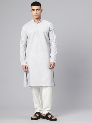 Image of Majestic Man Men's Cotton Regular Fit Casual Mandarin Collar Ethnic Motifs Solid Long Kurta