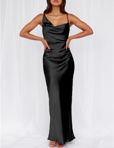Image of Formal Satin Silk Spaghetti Strap Maxi Dresses for Women Wedding Guest