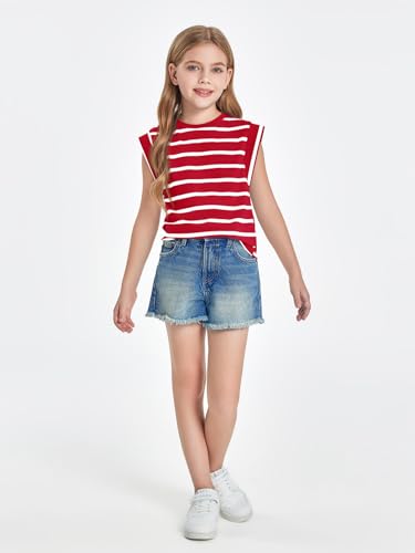 Image of Haloumoning Girls Cap Sleeve T Shirts Summer Striped Tank Tops Tees 4-14 Years