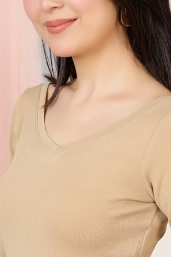 Image of Mlada V-Neck Stretchable Saree Blouse Top for Women | Slim Fit 3 /4th Sleeves Solid Cotton Blouses | Readymade Saree Blouses for Women Festive & Ethnic | Blouse Crop Top