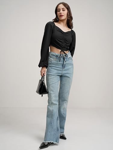 Image of Tokyo Talkies Women's Puff Long Sleeves Front Pull-Up Tie-Up Crop Top | Trendy & Flattering | Perfect for Casual & Party Looks | Tops for Woman | Women Tops | Stylish Top