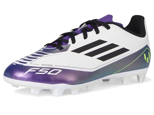 adidas Tênis infantil unissex F50 Club Messi flexível, Branco/preto/roxo unidade, 4 Big Kid