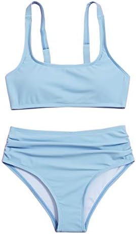 Romwe Girl's 2 Piece Swimsuit Sport Solid High Waist Bikini Set Bathing Suit Baby Blue 160