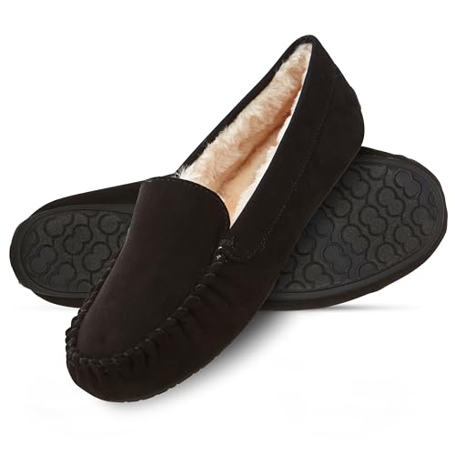Floopi Women Slippers Moccasins, Soft Faux Fur Lining with Cozy Memory Foam, Ladies House Slippers for Women with Indoor & Outdoor Anti-Skid Sole (8 - Black)