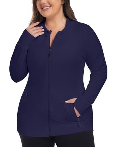 COOTRY Womens Plus Size Workout Jackets Full Zip Up Lightweight Athletic Running Hoodies Navy 3XL