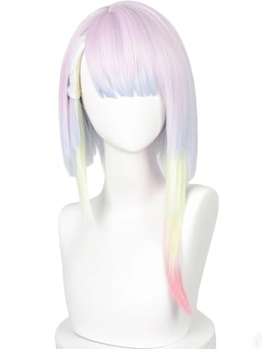 Half and Half Light Pink Purple Mixed Blue Yellow Anime Cosplay Wig 17.7 Mid-length Rainbow Gradient Costume Wigs Synthetic Hair for Halloween Party Women