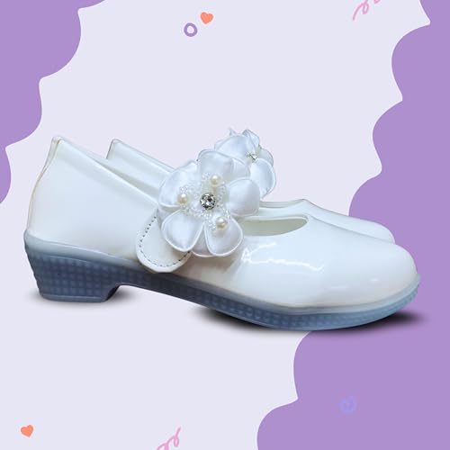 Image of Girls' Patent Mary Jane Shoes with Floral Embellishment, Attractive Colour's, Pearl Flower Welcro Bellies |DMND-3|