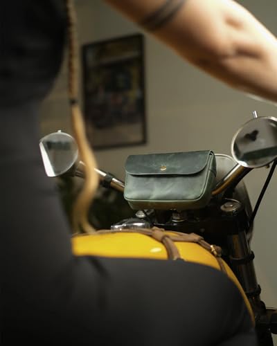 Image of Trip Machine Company Genuine Leather Motorcycle Front Handlebar Leather Bag | Moto Backrail Sidekick Pouch | Shoulder Bag | Fanny Pack (Forest Green)